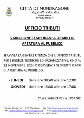 UFFICIO TRIBUTI - Variazione temporanea orario di 